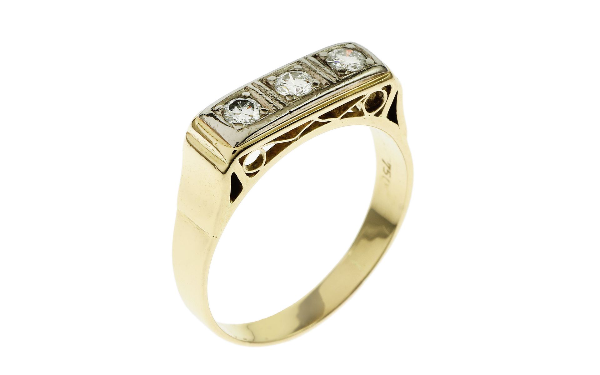 Ring 4.73g 750/- Gelbgold und Weissgold mit 3 Diamanten zus. ca. 0.30 ct. F/vs. Ringgroesse ca. 56