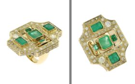 Ring 54.16g 750/- Gelbgold mit Diamanten ca. 6.50 ct. und Smaragden ca. 9.00 ct.. Ringgroesse 59