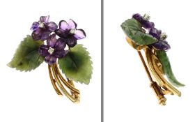 Brosche 585/- Gelbgold mit Diamanten. Amethysten und Turmalinen