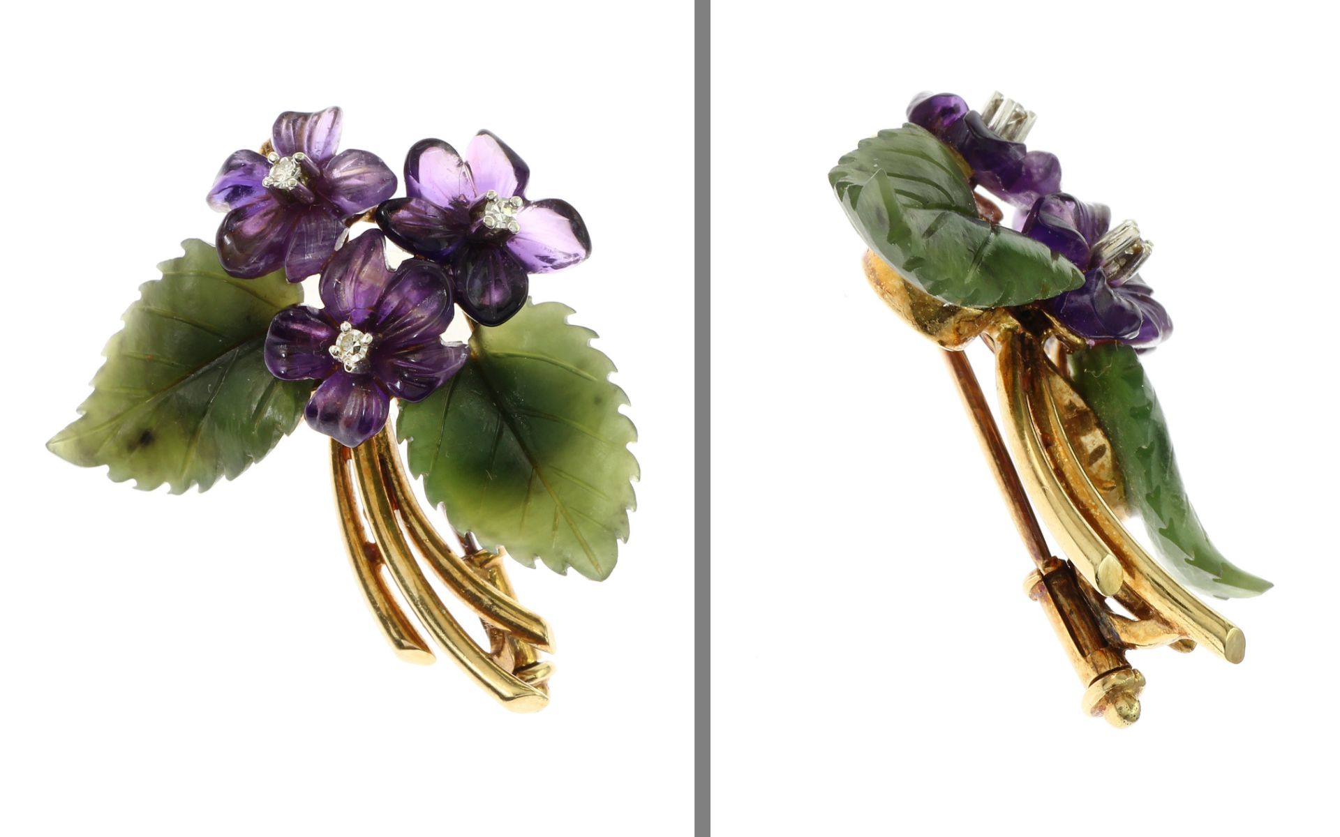 Brosche 585/- Gelbgold mit Diamanten. Amethysten und Turmalinen