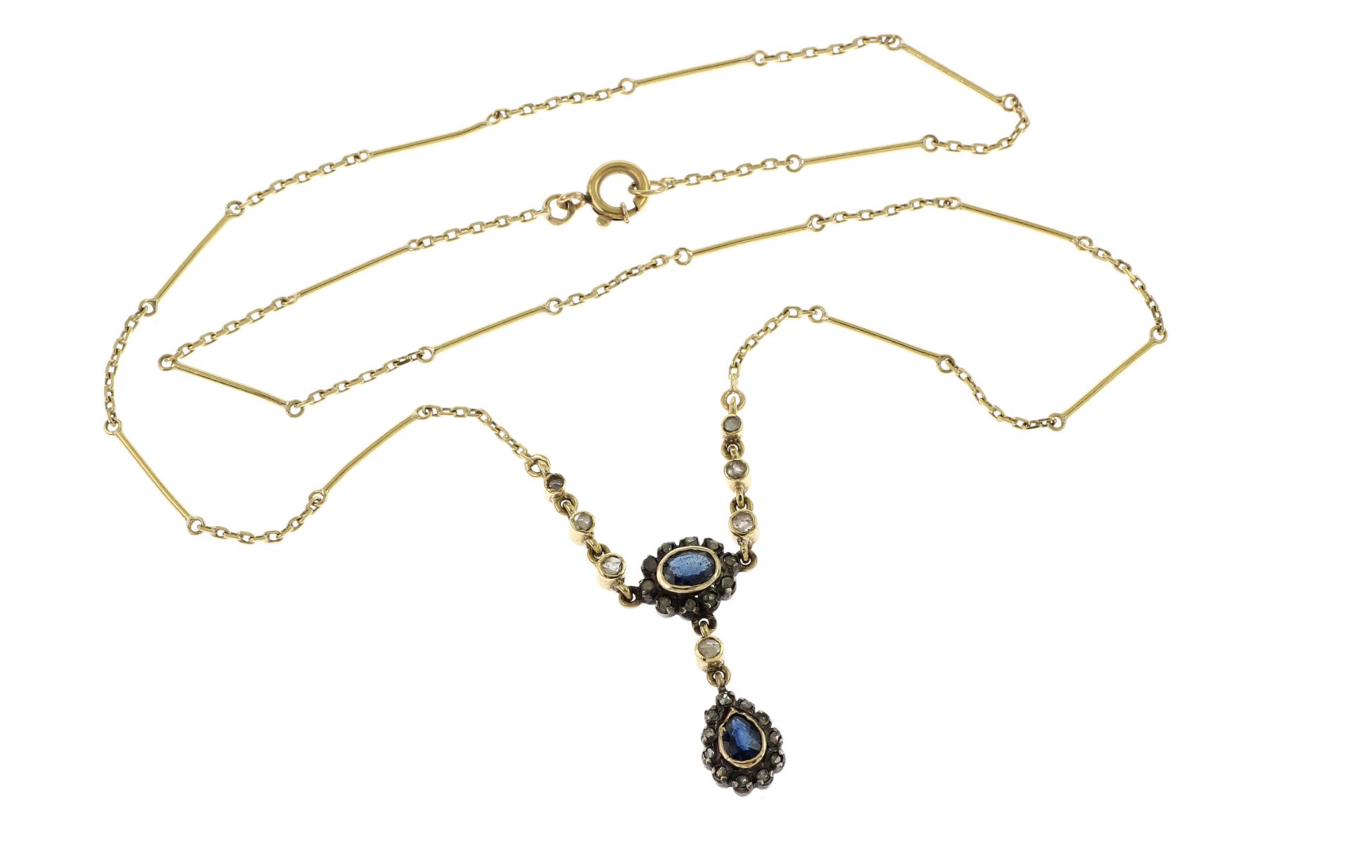 Collier 5.58 gr. 750/- Gelbgold und Weissgold mit Altschliff Diamanten und Saphir Laenge 42 cm