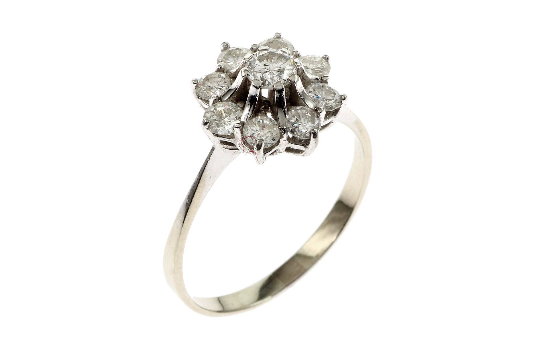 Ring 3.46g 585/- Weissgold mit 1 Diamant ca. 0.25 ct. G/si-pi und 8 Diamanten 0.80 ct. G/si-pi. Ring