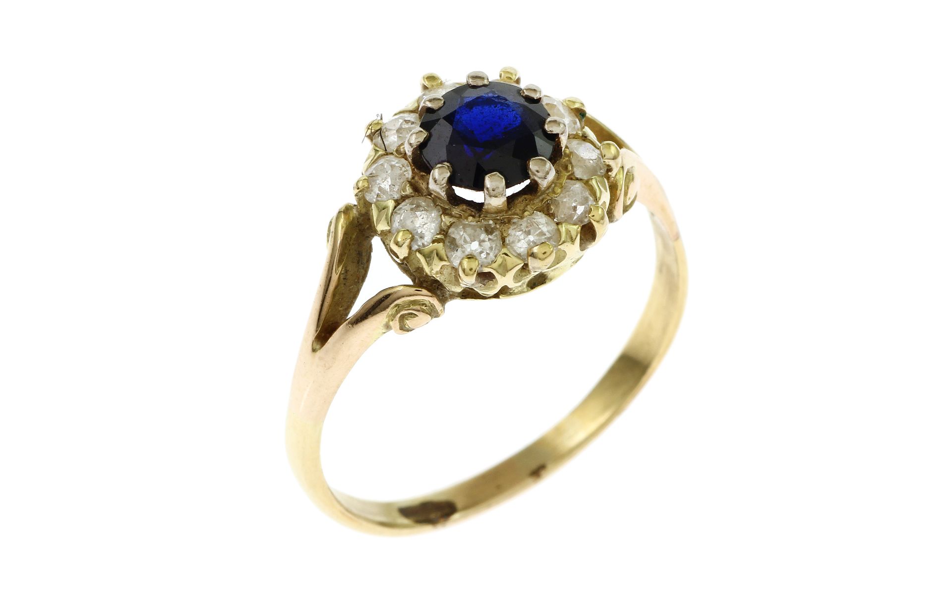 Ring 3.03 gr. 750/- Gelbgold mit Altschliff Diamanten 0.50 ct und Saphir Ringgroesse 55 