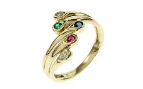 Ring 3.34g 585/- Gelbgold und Weissgold mit 2 Diamanten zus. ca. 0.04 ct.. Smaragd. Rubin und Saphir