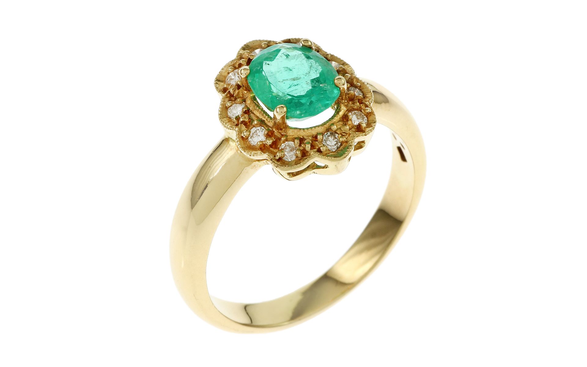 Ring 4.56 gr. 750/- Gelbgold mit Diamanten 0.20 ct und Smaragd