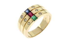 Ring 9.01g 750/- Gelbgold mit 6 Diamanten zus. ca. 0.12 ct.. Smaragd. Rubin und Saphir. Ringgroesse 