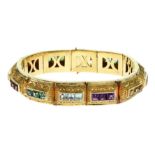 Armband 71.13 gr. 750/- und 900/- Gelbgold mit Farbsteinen Aquamarin Turmalin. Citrin Amethyst. Gran