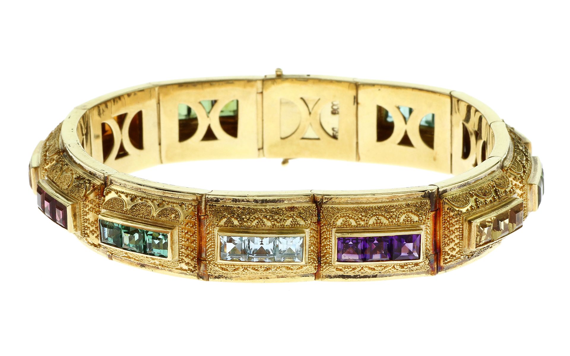 Armband 71.13 gr. 750/- und 900/- Gelbgold mit Farbsteinen Aquamarin Turmalin. Citrin Amethyst. Gran