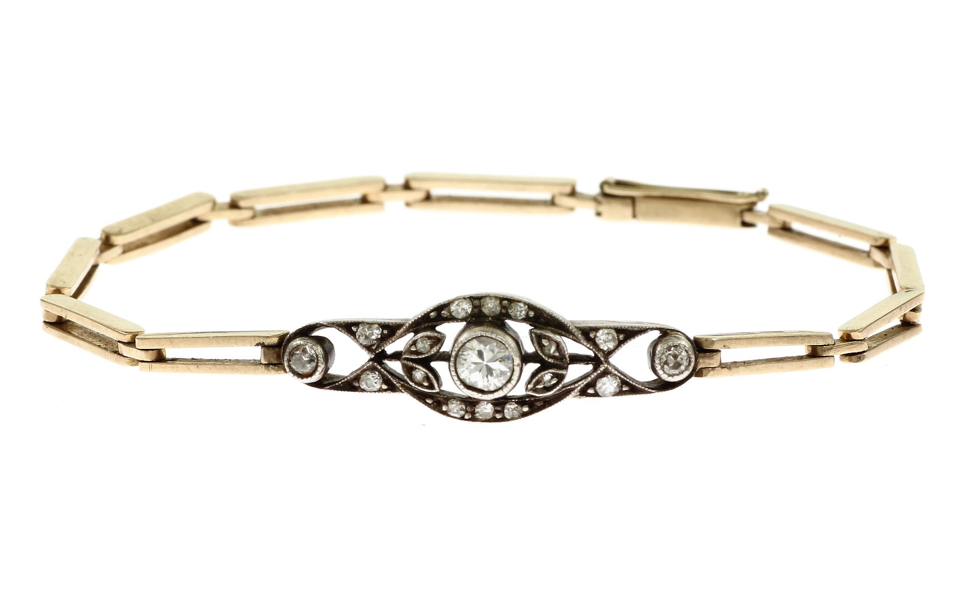 Armband 6.92g 585/- Gelbgold und Weissgold und 17 Diamanten zus. ca. 0.44 ct. G/si. Laenge ca. 16 cm