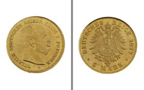Goldmuenze 5 Mark Deutsches Reich 1877 1.96g 900/- Gelbgold