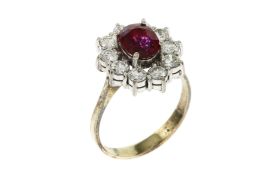 Ring 4.81g 585/- Weissgold und Gelbgold mit 10 Diamanten zus. ca. 1.50 ct. und Rubin. Ringgroesse ca