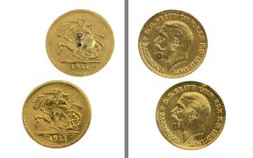 2 Goldmuenzen Sovereign 3.98g 900/- Gelbgold. beide Muenzen haben Loetstellen auf der Rueckseite