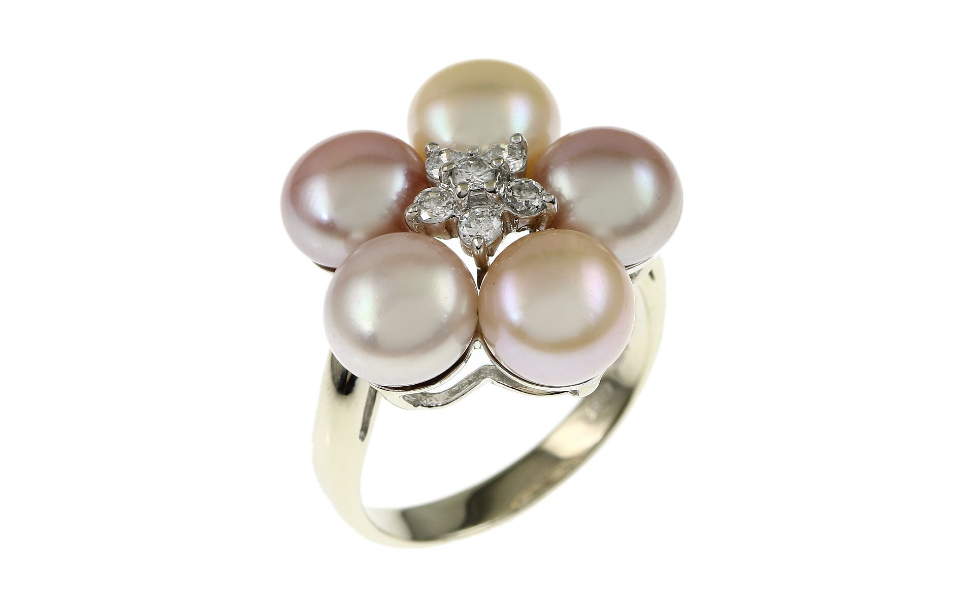 Ring 585/- Weissgold mit Diamanten und Perlen Ringgroesse 55
