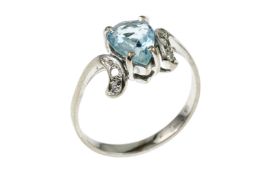 Ring 2.76g 750/- Weissgold mit 5 Diamanten 0.10 ct. und Aquamarin. Ringgroesse ca. 52