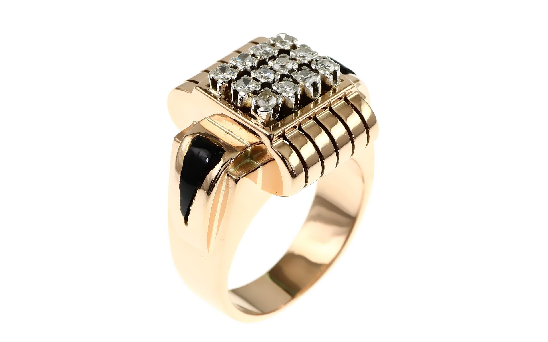 Ring 10.07g 750/- Rotgold mit 12 Diamanten zus. ca. 0.48 ct. F/vs und Emaille. Ringgroesse ca. 54