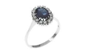 Ring 4.96g 750/- Weissgold mit 14 Diamanten zus. ca. 0.56 ct. F/vvs-vs und Saphir. Ringgroesse ca. 6