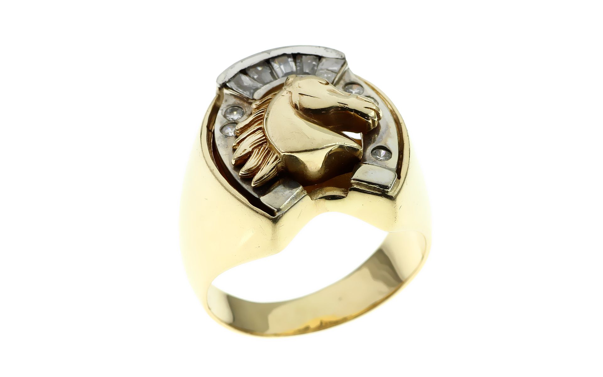 Pferdering 10.88g 585/- Gelbgold und Weissgold mit Zirkonia. Ringgroesse 61