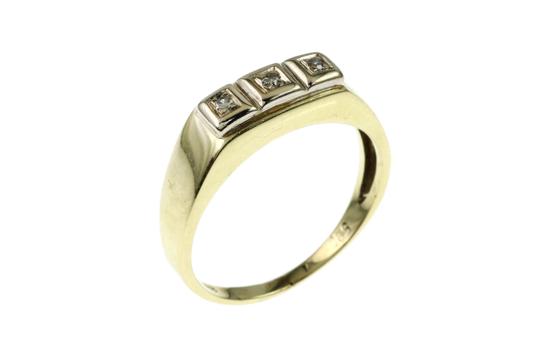 Ring 3.82g 585/- Gelbgold und Weissgold mit 3 Diamanten zus. ca. 0.06 ct. H/pi. Ringgroesse ca. 57