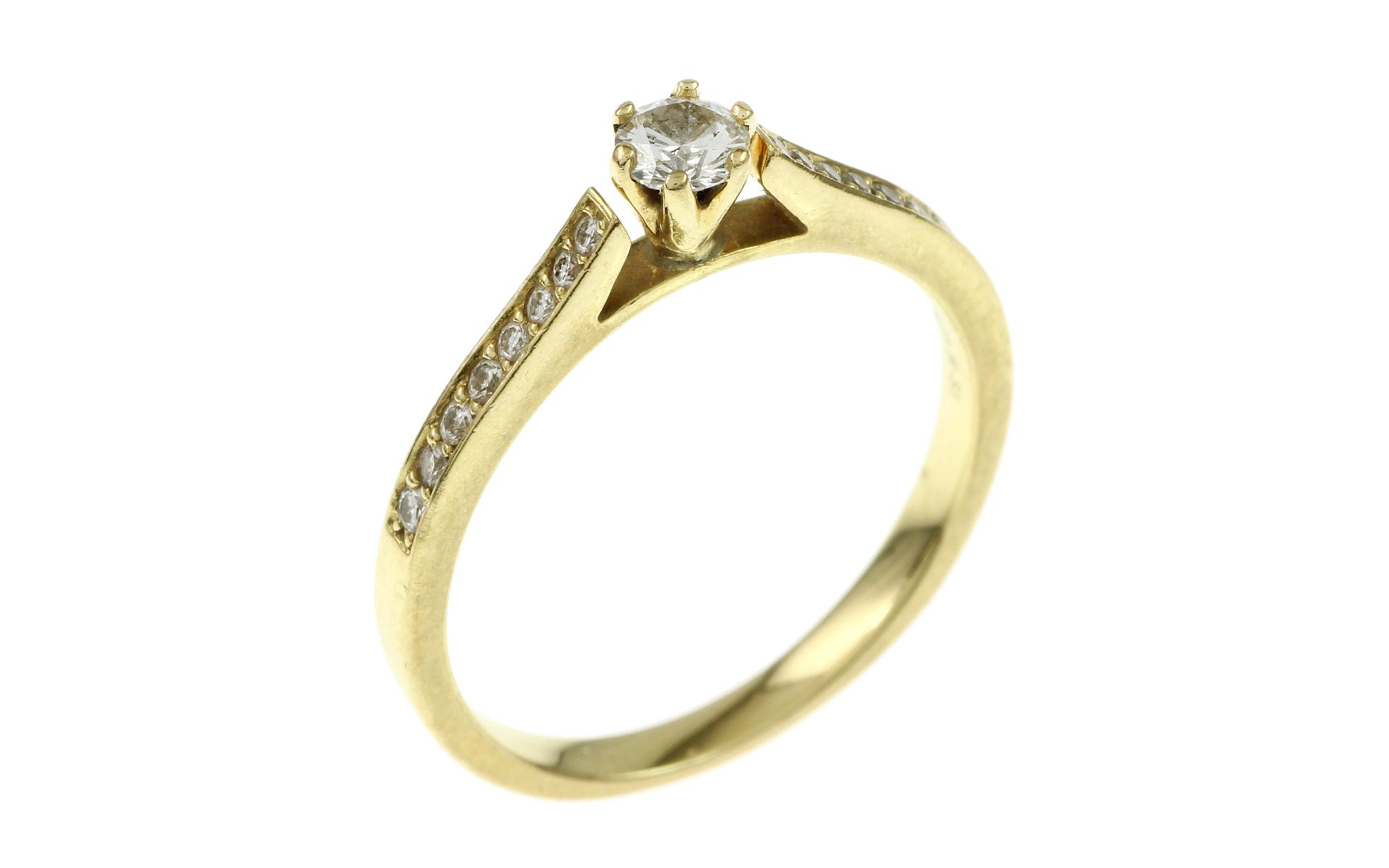 Ring 2.25g 750/- Gelbgold mit Diamant ca. 0.20 ct. G/vs und 16 Diamanten zus. ca. 0.16 ct. G/vs. Rin