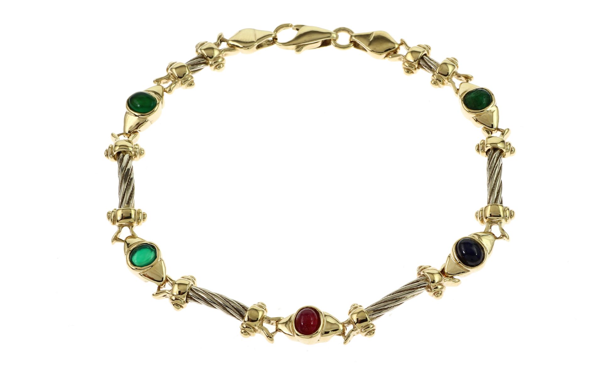 Armband 16.53g 585/- Gelbgold und Weissgold mit Smaragden. Rubin und Saphir. Laenge ca. 19 cm