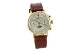 Record Geneve Mondphase Chronograph Handaufzug 750/- Gelbgold mit Lederband. ohne Box und ohne Papie