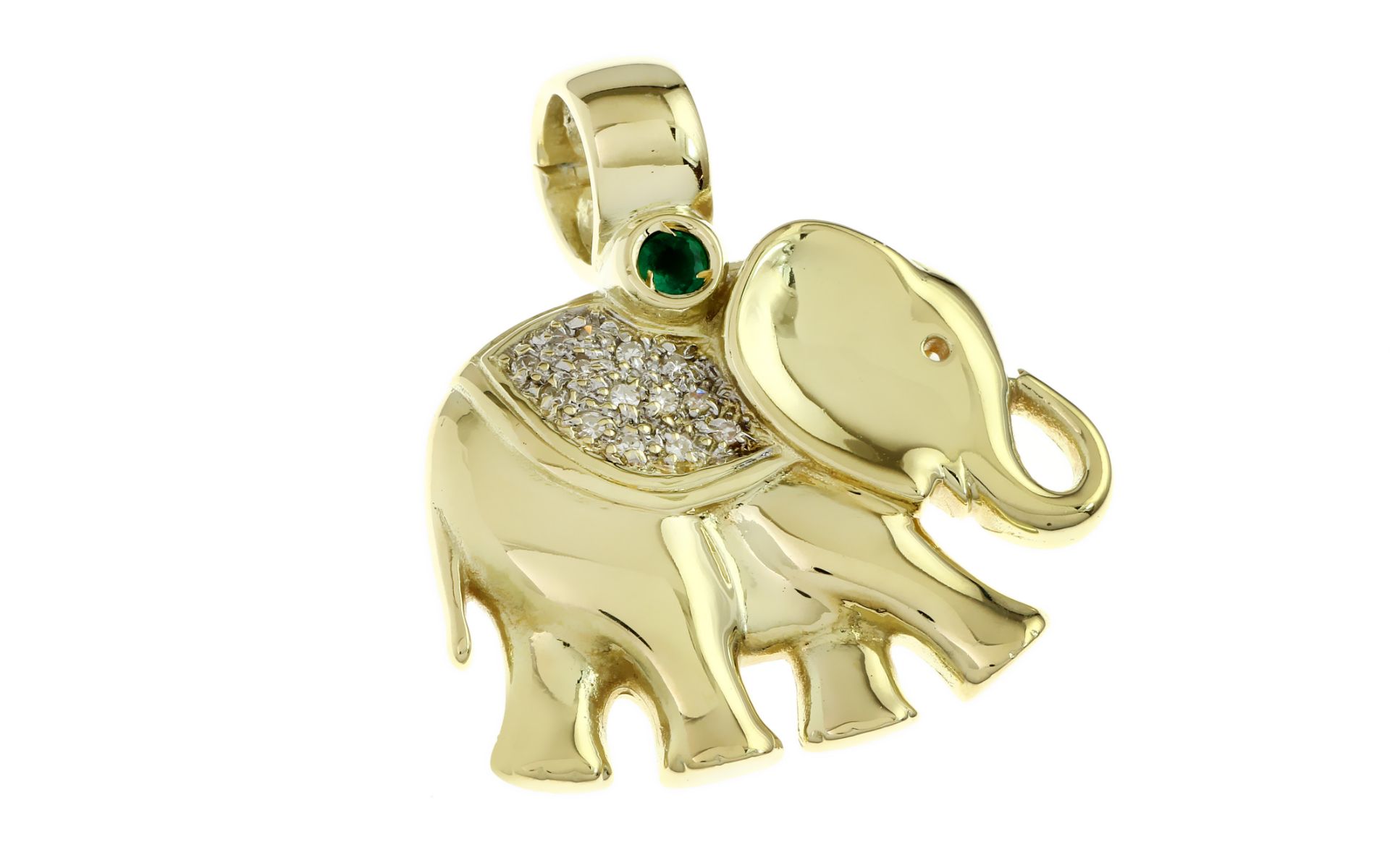 Anhaenger Elefant 11.01g 585/- Gelbgold mit 14 Diamanten zus. ca. 0.21 ct. G/si-pi und Smaragd
