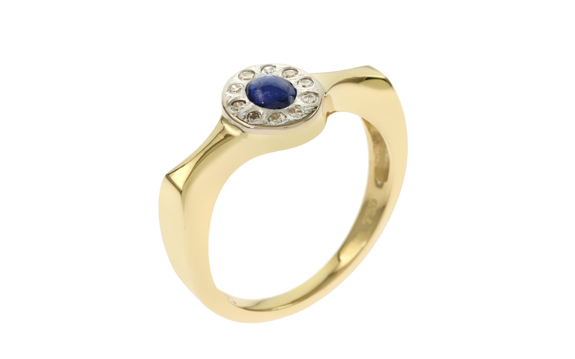 Ring 4.89g 750/- Gelbgold und Weissgold mit 12 Diamanten zus. ca. 0.18 ct. H/si und Saphir. Ringgroe