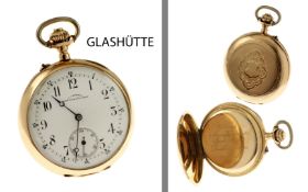 Taschenuhr Glashuette J. Assmann 81.01g 750/- Gelbgold Handaufzug. 2 Deckel mit Gold. Gravurtext auf