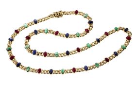 Collier 26.35g 585/- Gelbgold mit Saphiren. Rubinen und Smaragden. Laenge ca. 42 cm