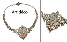 Collier "Art Deko" Silber-Mischlegierung mit Diamanten ca. 10 ct. diverse Schliffarten und Smaragden