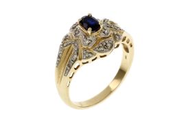 Ring 5.42g 585/- Gelbgold und Weissgold mit ca. 16 Diamanten zus. ca. 0.16 ct. und Saphir. Ringgroes