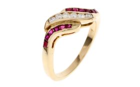 Ring 3.28g 750/- Gelbgold mit 6 Diamanten zus. ca. 0.18 ct. H/pi und Rubinen. Ringgroesse ca. 53