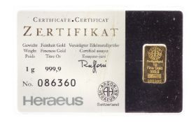 Goldbarren 1g 999/- Gelbgold Heraeus