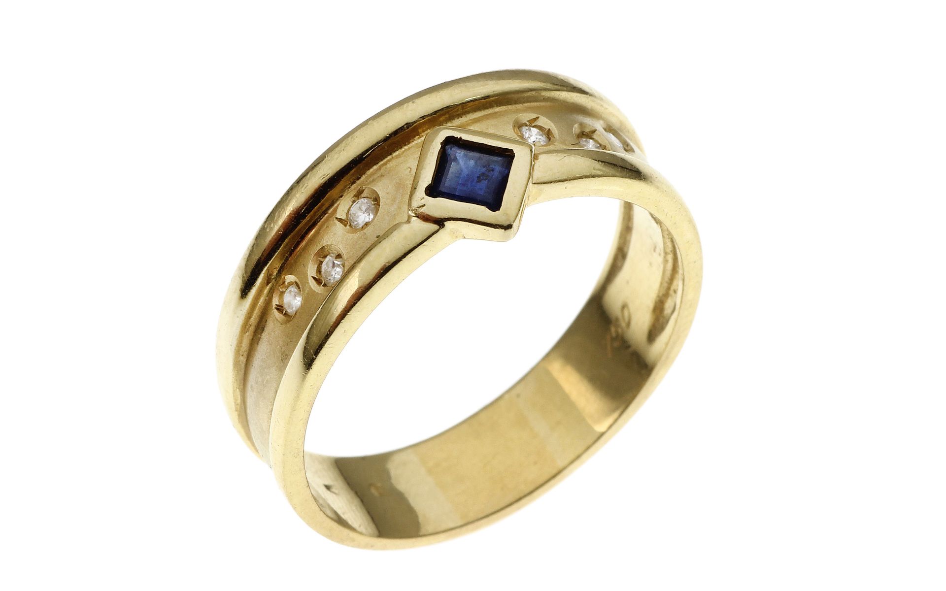 Ring 5.81g 750/- Gelbgold mit 6 Diamanten zus. ca. 0.09 ct.. und Saphir. Ringgroesse ca. 59