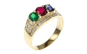 Ring 4.92g 750/- Gelbgold mit 42 Diamanten zus. ca. 0.63 ct.. Smaragd. Rubin und Saphir. Ringgroesse