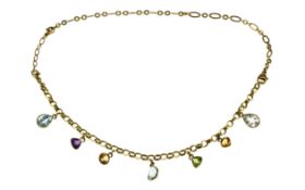 Collier 9.95g 585/- Gelbgold mit Farbsteinen. Laenge ca. 41.50 cm