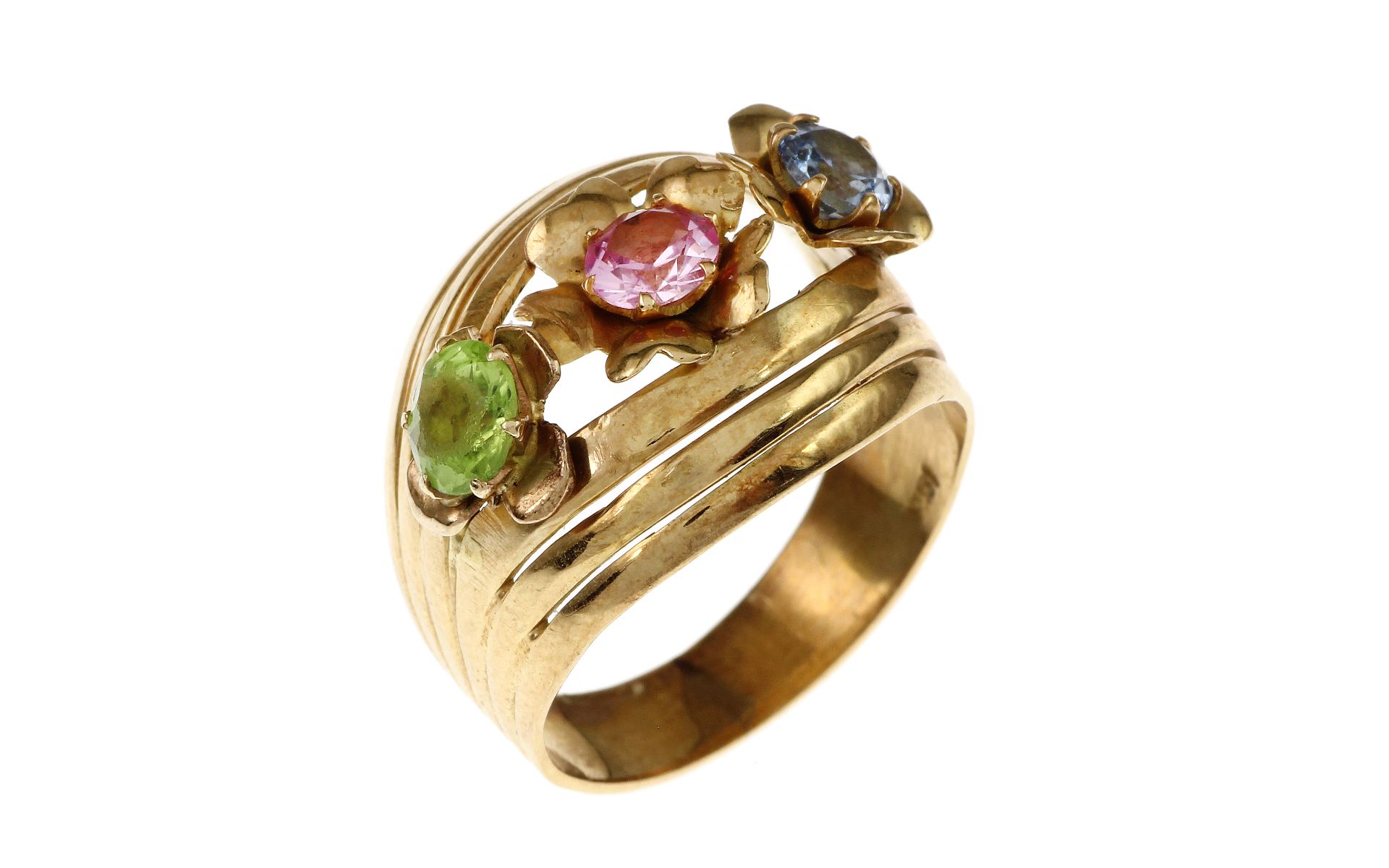 Ring 5.43g 750/- Gelbgold mit synthetischen Steinen. Ringgroesse ca. 56