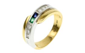 Ring 5.84g 750/- Gelbgold und Weissgold mit 6 Diamanten zus. ca. 0.24 ct.. Smaragd und Saphir. Ringg