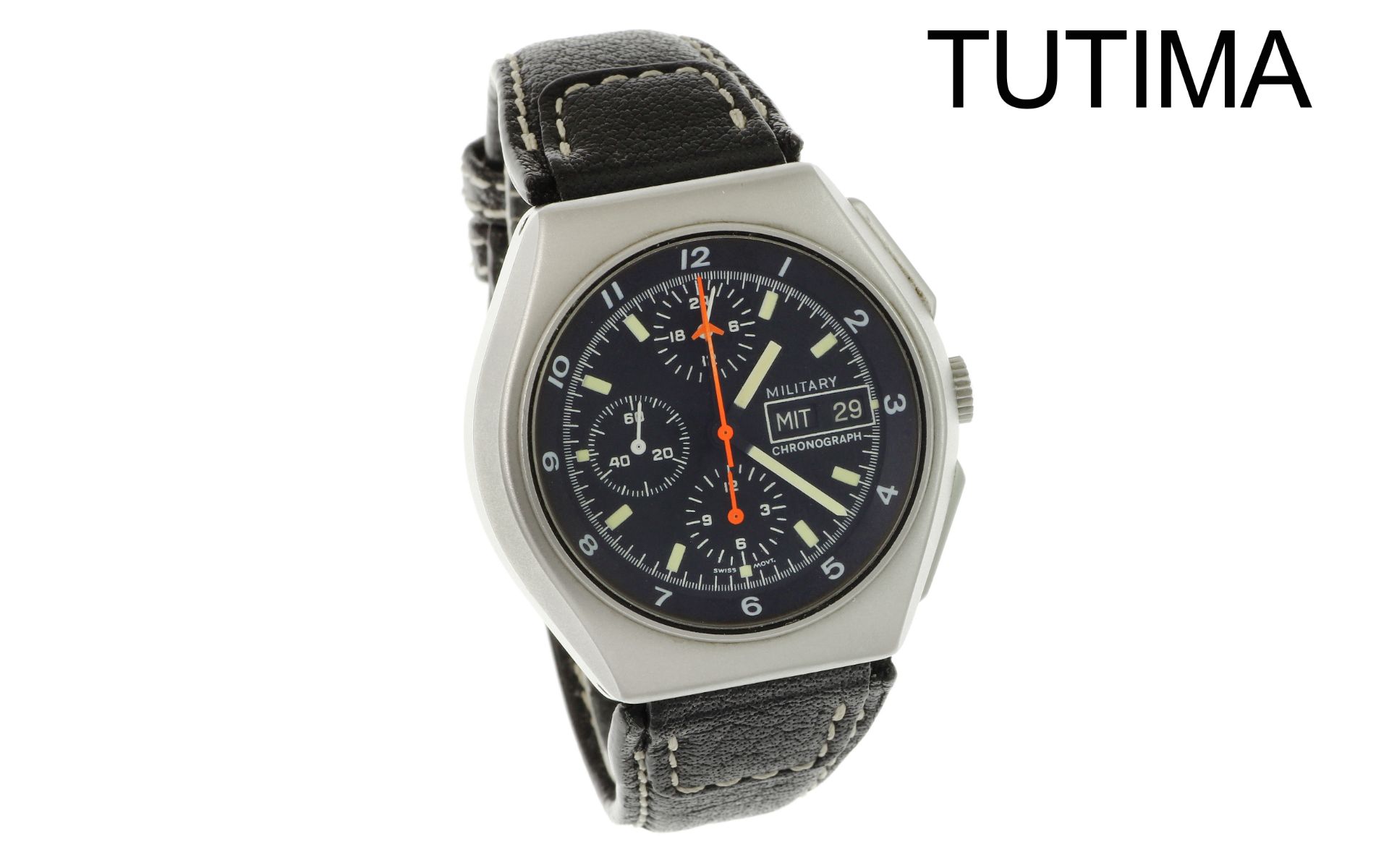 Military Chronograph â€žTutimaâ€œ Automatik Edelstahl. mit Lederband. ohne Box und ohne Papiere