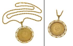 1 Kette mit Muenzanhaenger 15.61g 585/- und 916/- Gelbgold mit Zirkonia