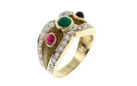 Ring 7.41g 585/- Gelbgold und Weissgold mit 28 Diamanten zus. ca. 0.84 ct.. Smaragd. Rubin und Sapir