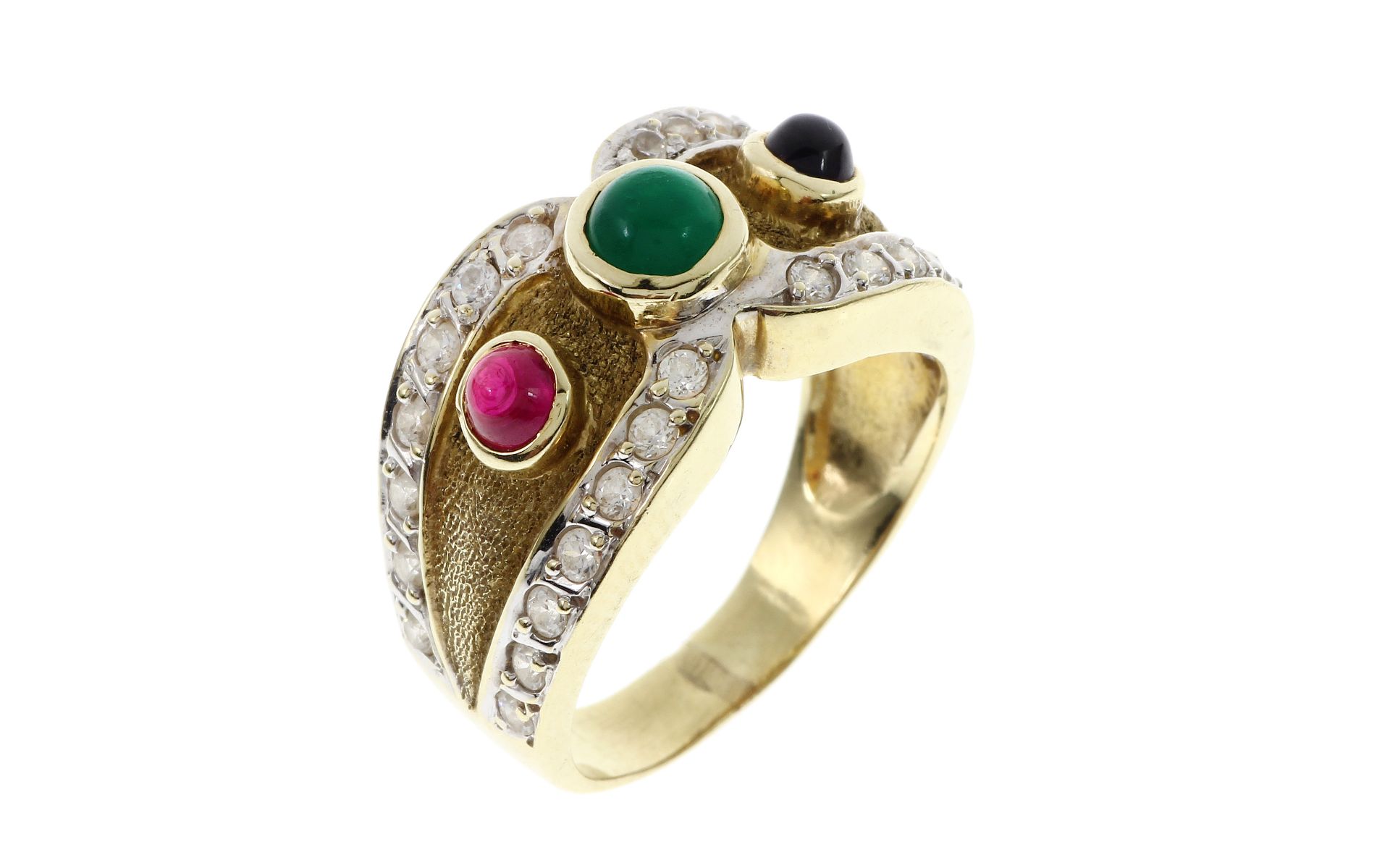 Ring 7.41g 585/- Gelbgold und Weissgold mit 28 Diamanten zus. ca. 0.84 ct.. Smaragd. Rubin und Sapir