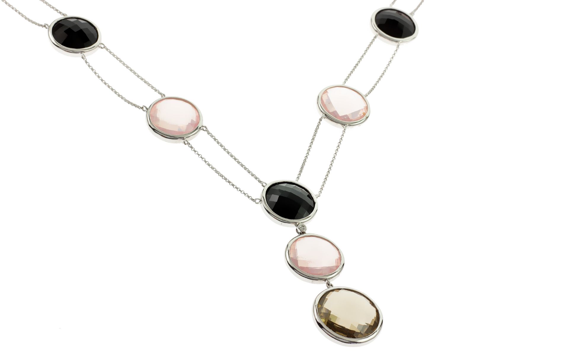 Collier mit Diamant. Onyx. Rosenquarz und Rauchquarz