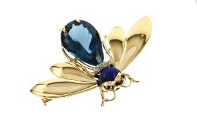 Brosche Fliege mit Diamanten. Rubinen. Topas und Lapislazuli