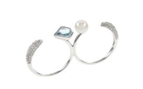 Doppelring mit Diamanten, Aquamarin und Akoya-Zuchtperle