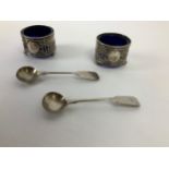 2x Silver Mustards with Blue Glass Liners and Spoons