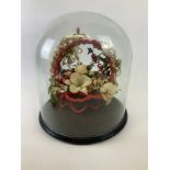 Victorian Glass Dome Complete with Original Woven and Crochet Flower Arrangement with Red Wax