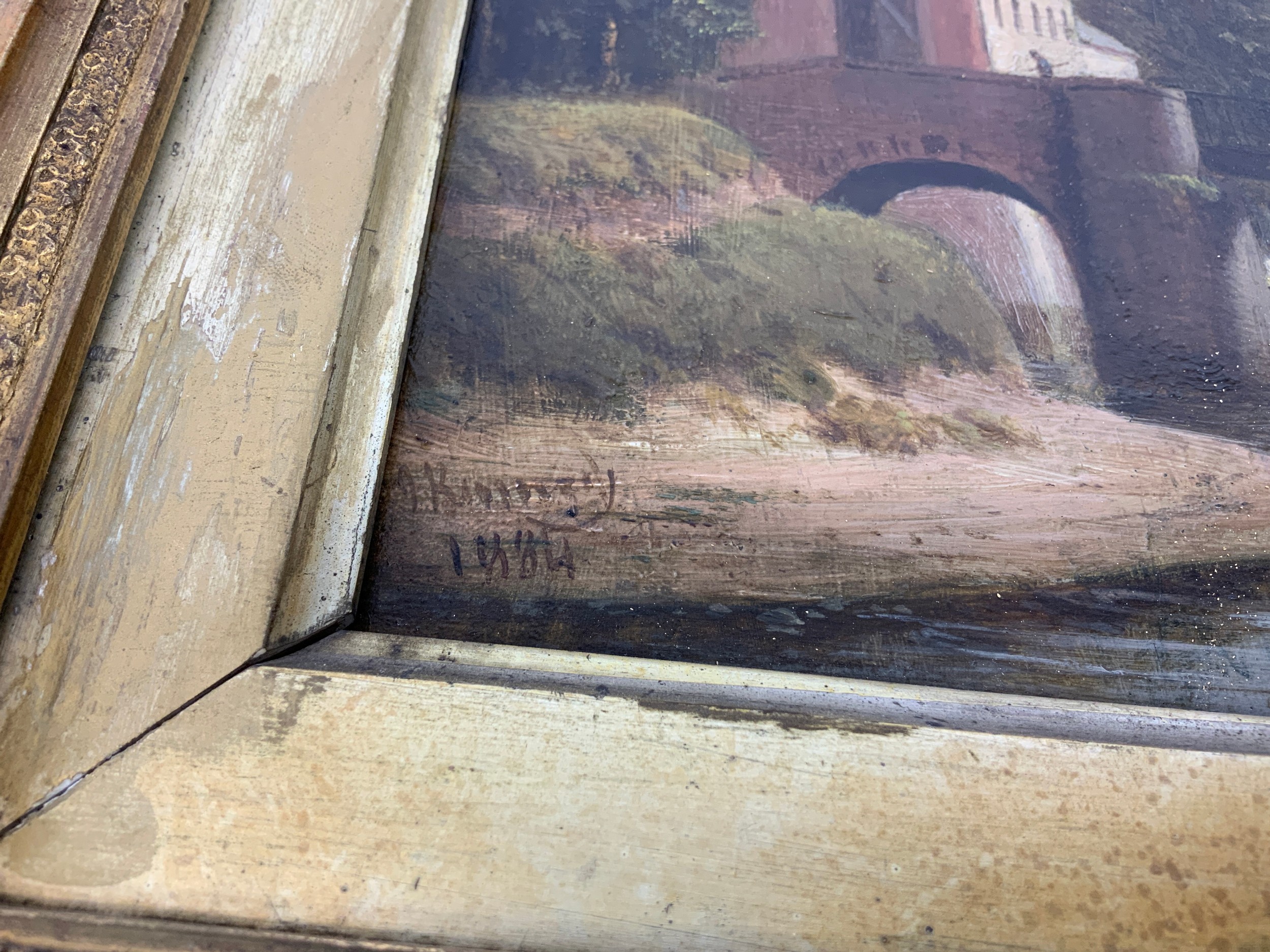 Gilt Frame Oil on Board - View of the River Yeo and the Old Bridge at Rolle Quay by Joseph Kennedy – - Image 2 of 3