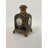 Brass Mounted Cobalt Glass Inkwell with Images on London Landmarks - 12cm High