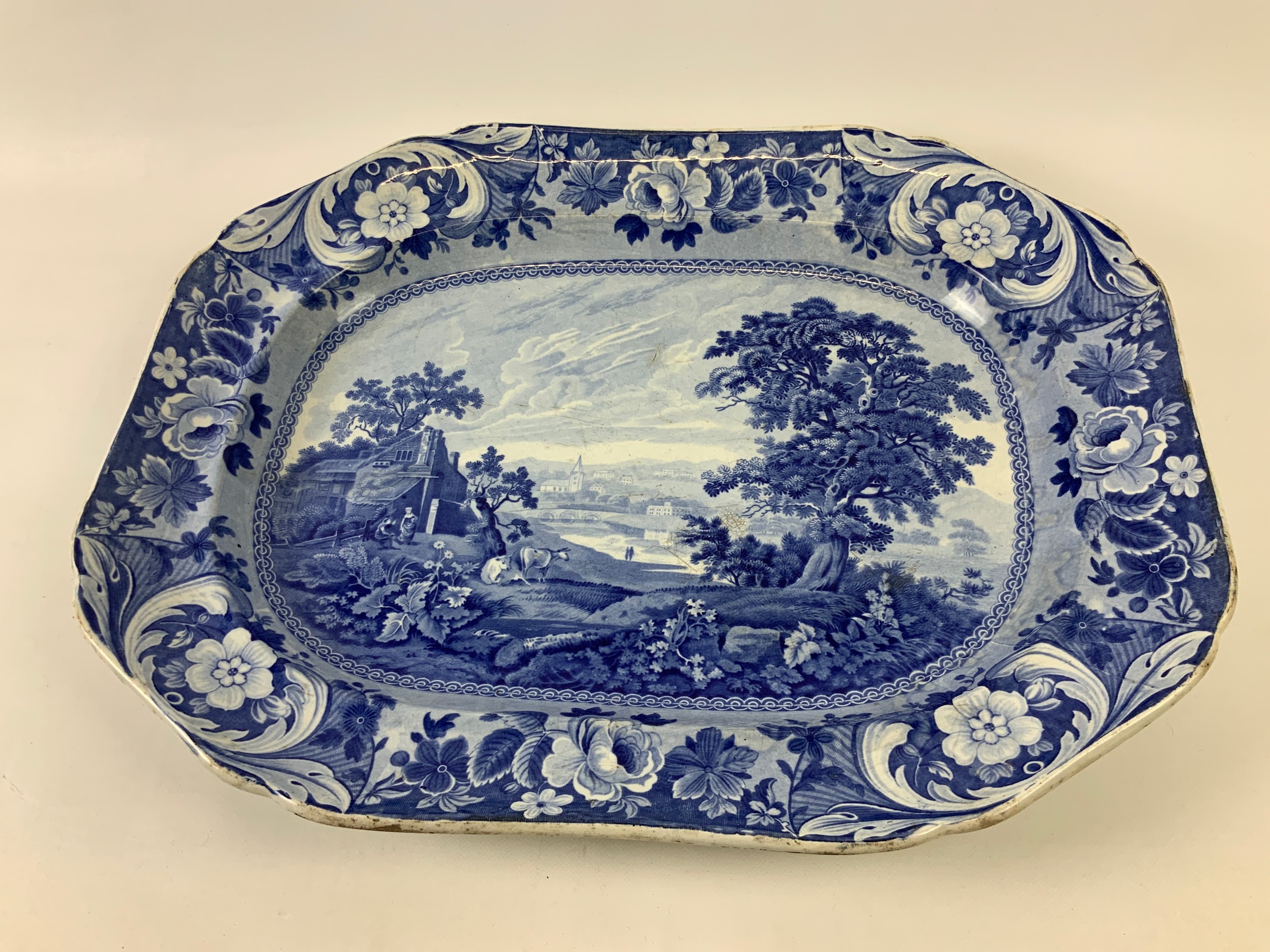 Large Early Transfer Printed Blue and White Meat Plate - Marked Stafford Gallery Opaque China to the